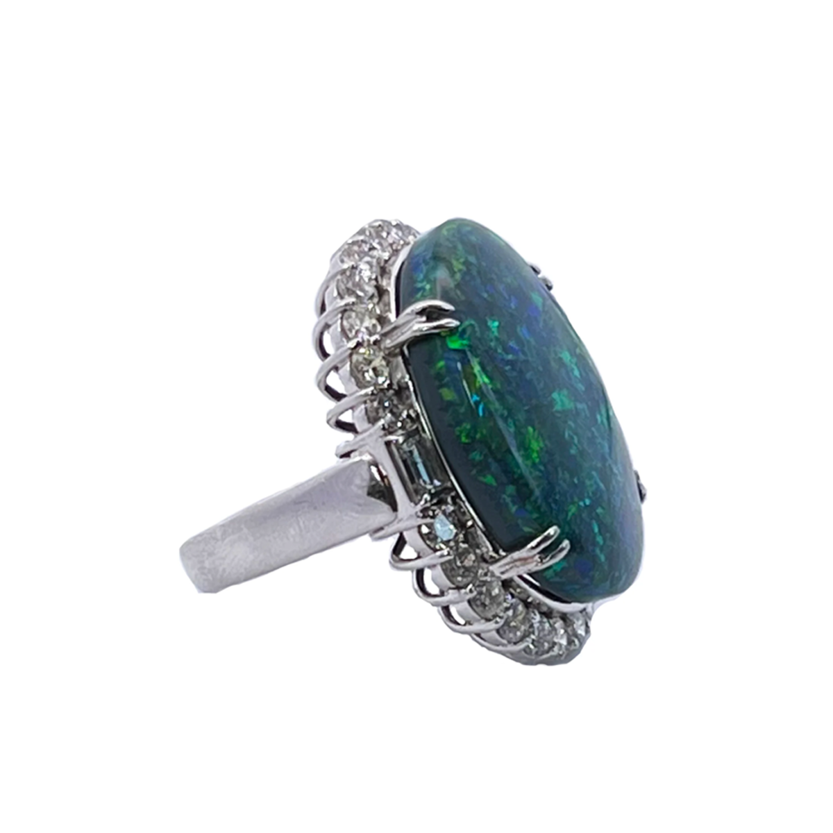 Post-1980s Platinum Black Opal & Diamond Ring side view