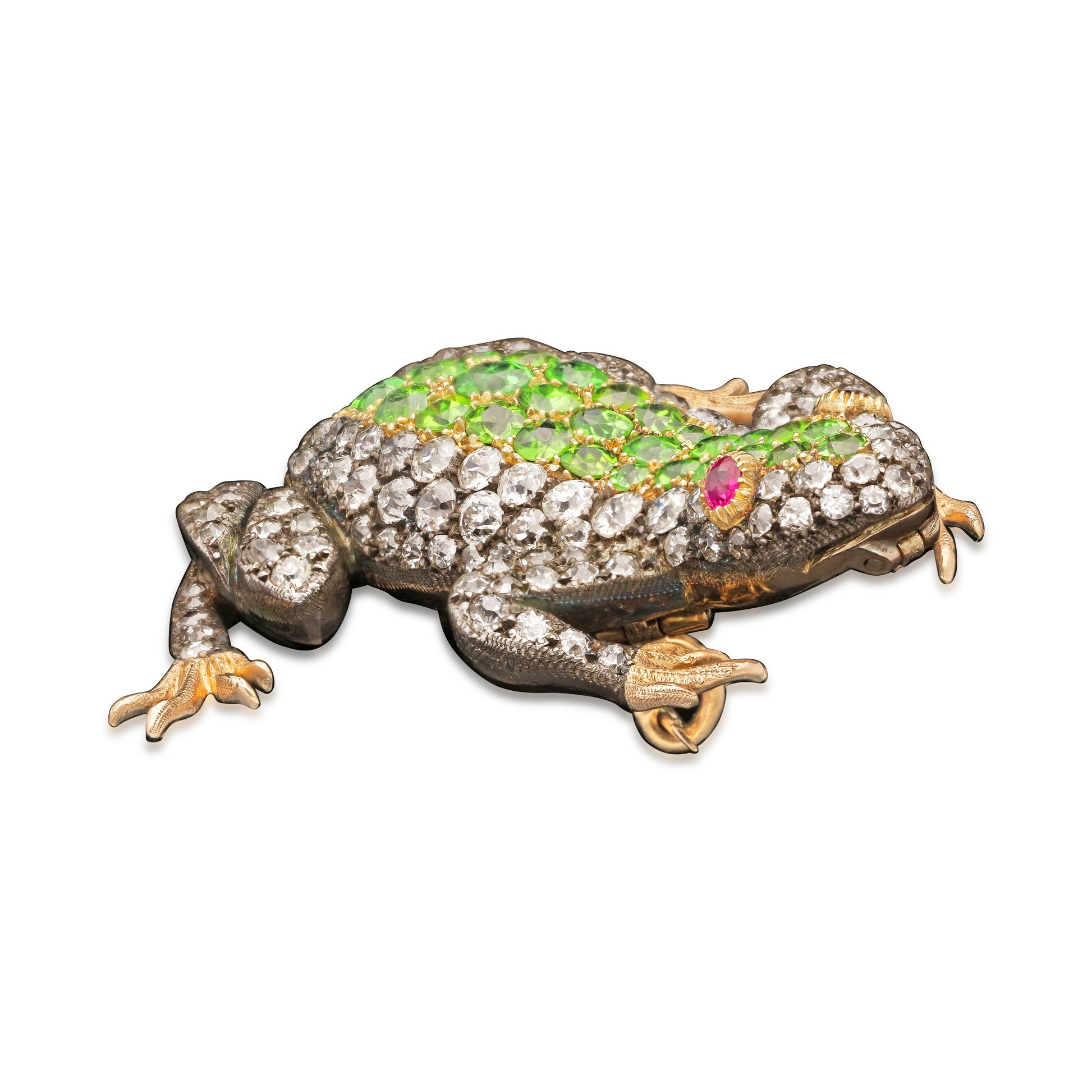 Victorian Silver & 18KT Yellow Gold Demantoid Garnet, Diamond & Ruby Frog Brooch front view