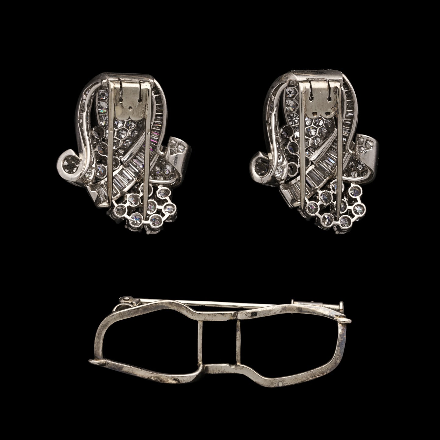 French 1930s Platinum Diamond Double Clip Brooch back view