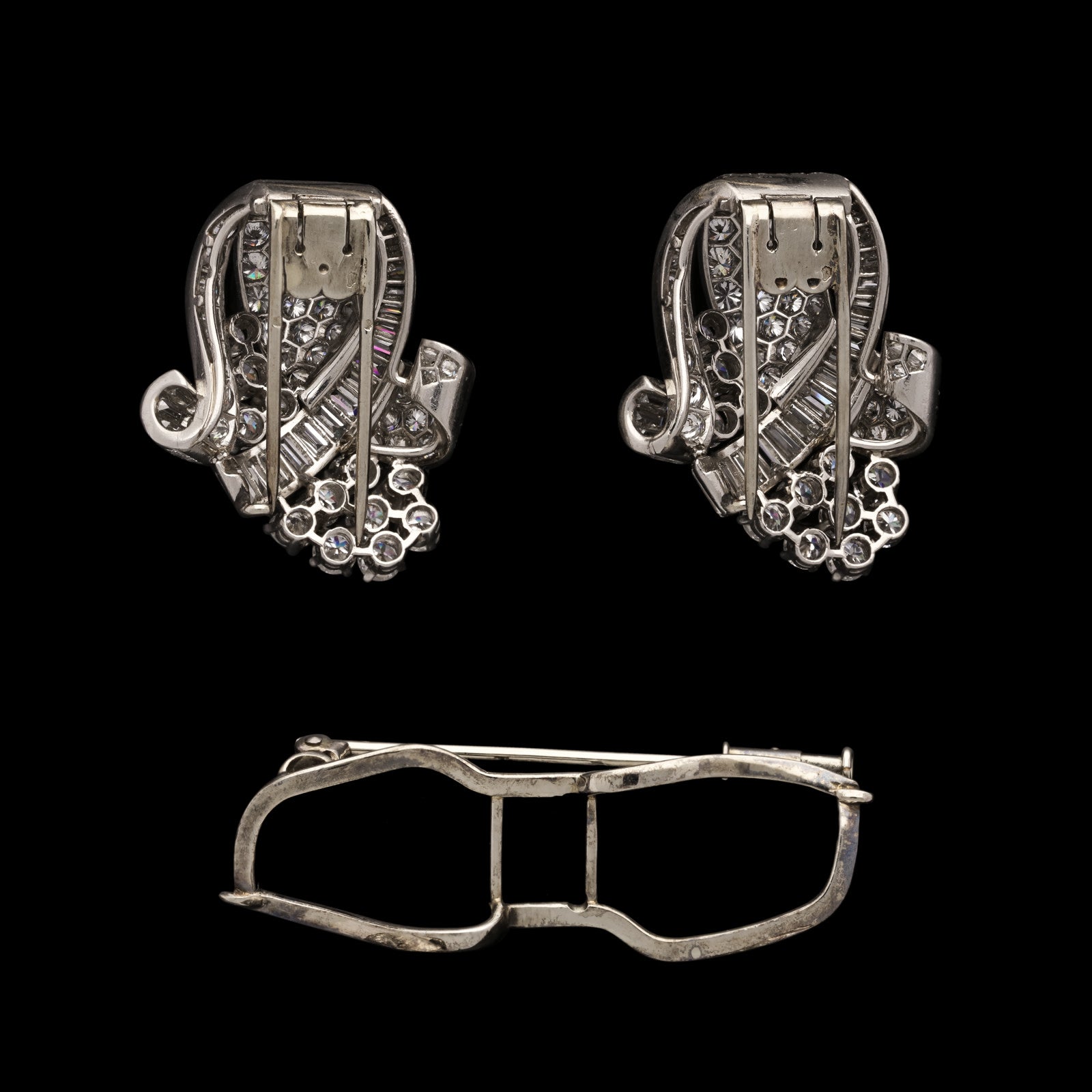 French 1930s Platinum Diamond Double Clip Brooch back view