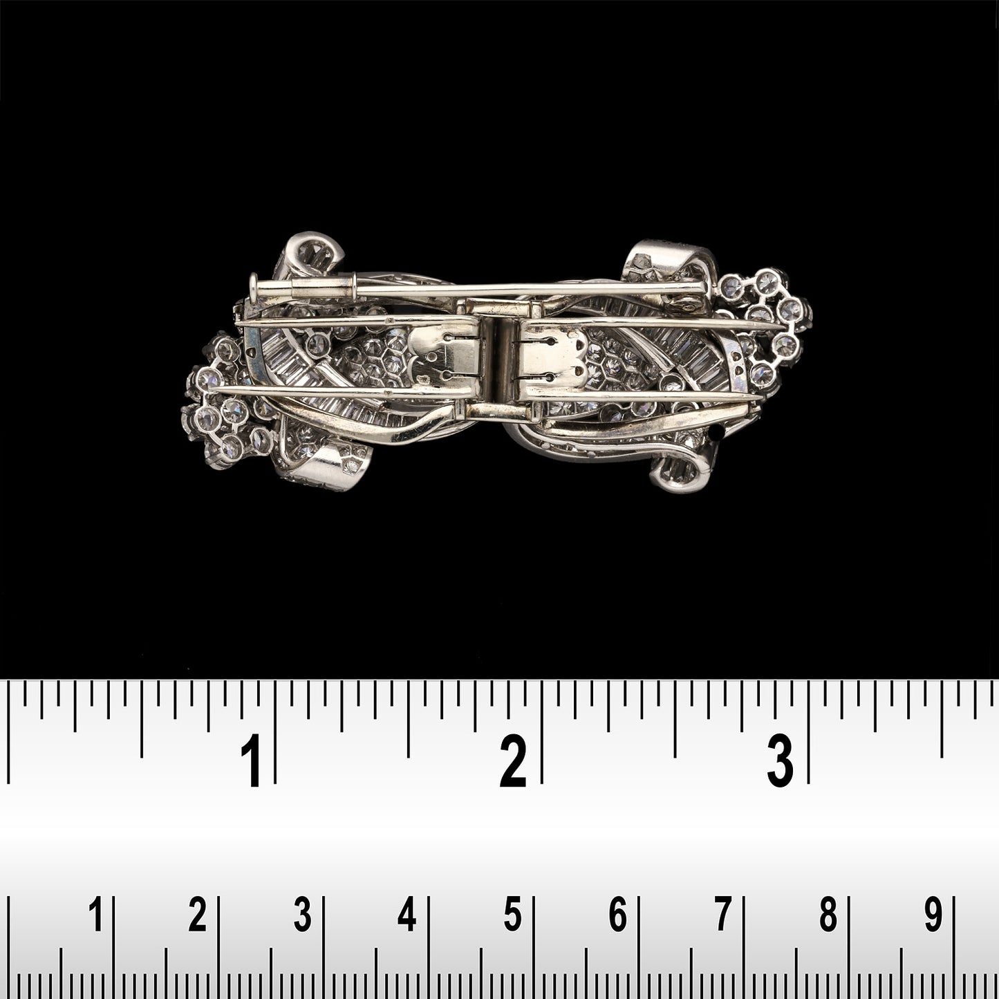 French 1930s Platinum Diamond Double Clip Brooch back view with ruler