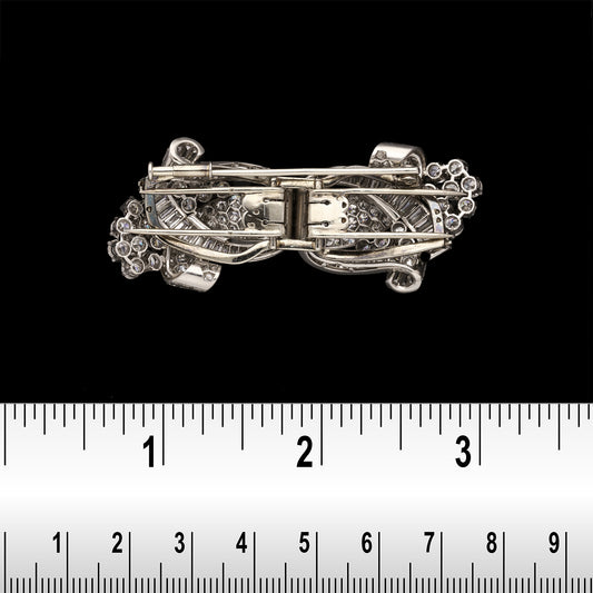 French 1930s Platinum Diamond Double Clip Brooch back view with ruler