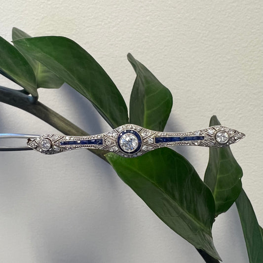 Edwardian Platinum on Gold Sapphire & Diamond Bar Brooch front view