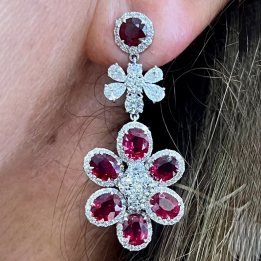 Post-1980s 18KT White Gold Ruby & Diamond Flower Earrings on ear