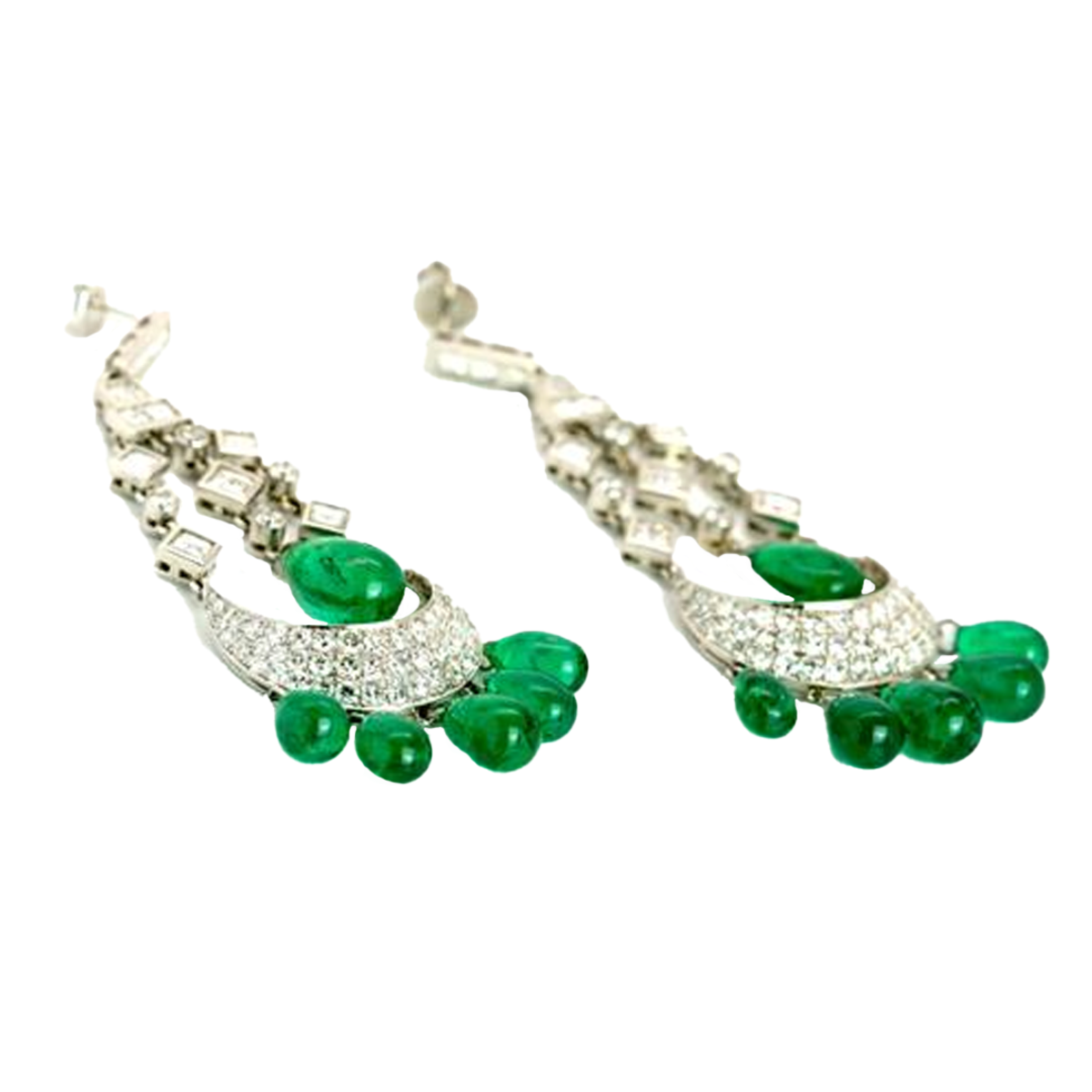 Post-1980s Platinum Diamond & Emerald Chandelier Earrings front side view