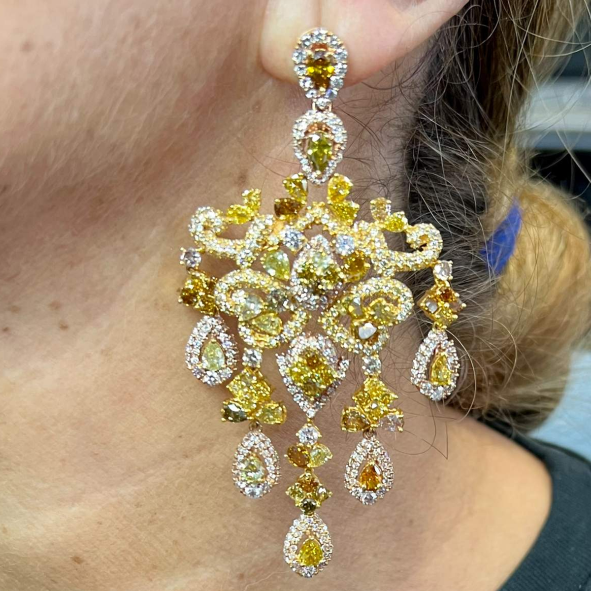 Post-1980s 18KT Yellow Gold Natural Color Diamond Chandelier Earrings worn on ear
