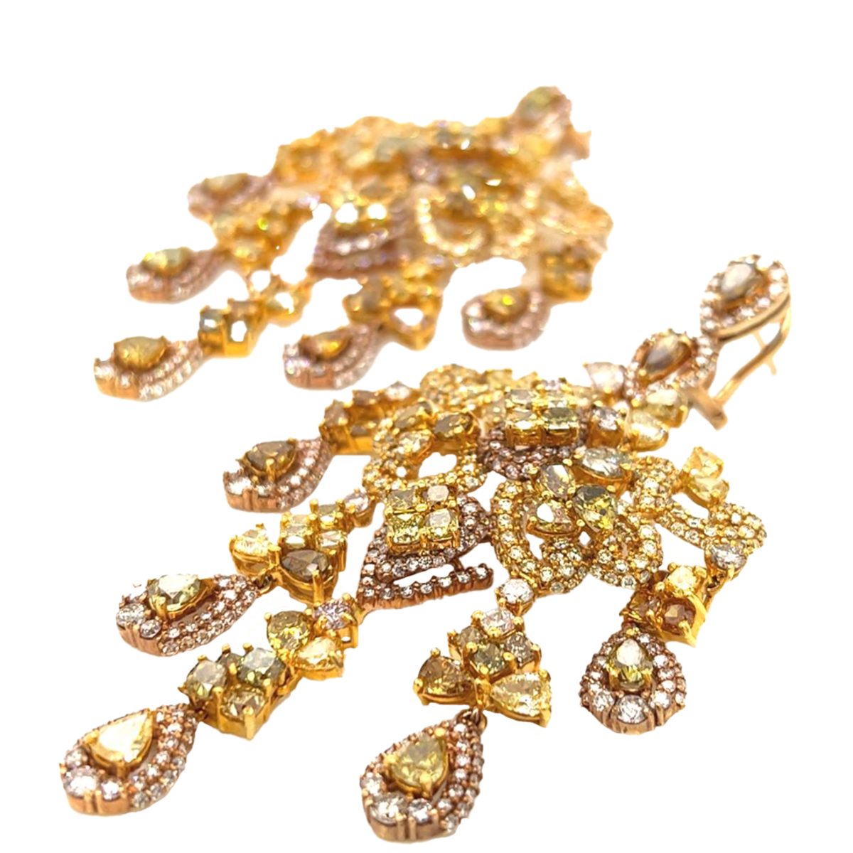 Post-1980s 18KT Yellow Gold Natural Color Diamond Chandelier Earrings front side view