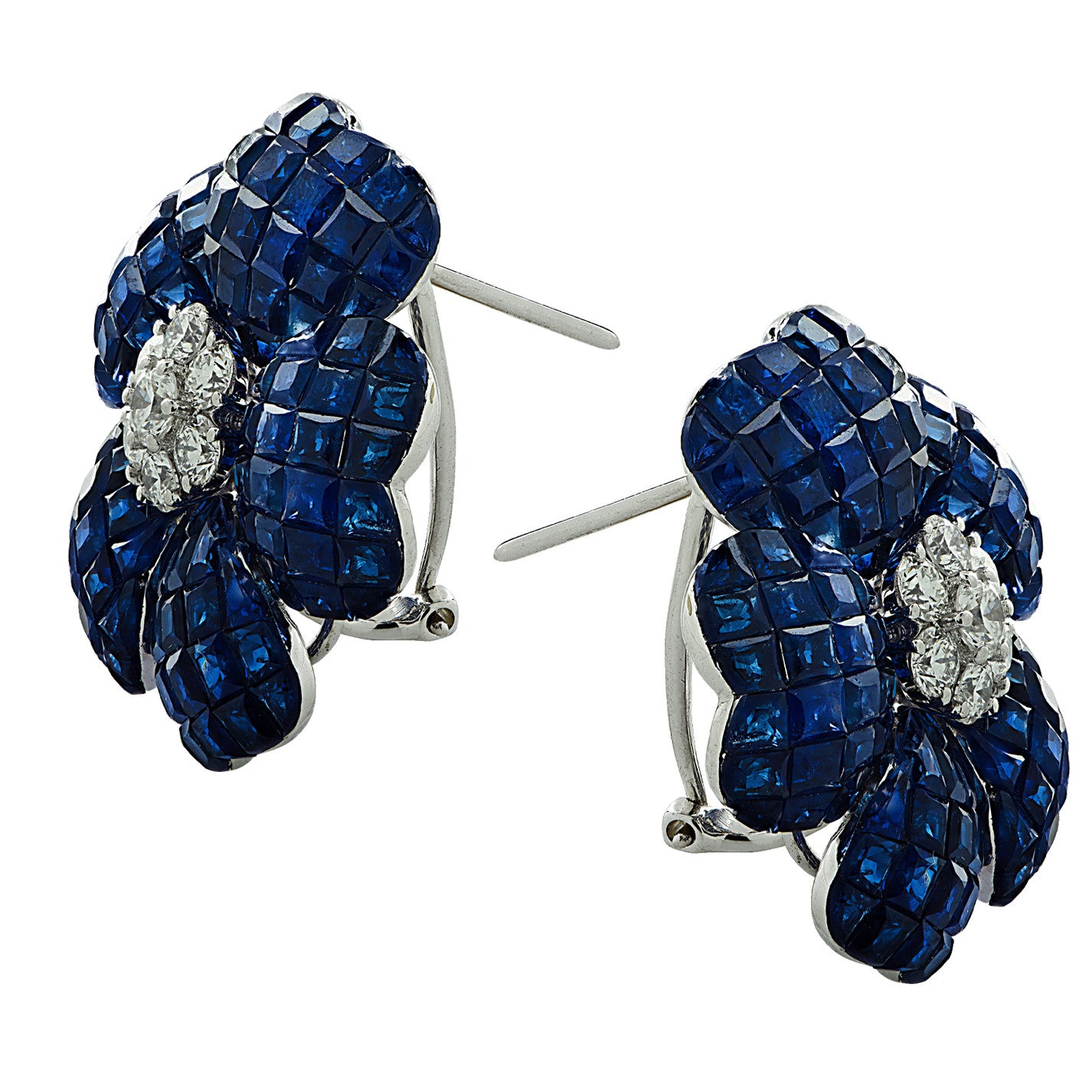 Post-1980s 18KT White Gold Blue Sapphire & Diamond Flower Earrings side view