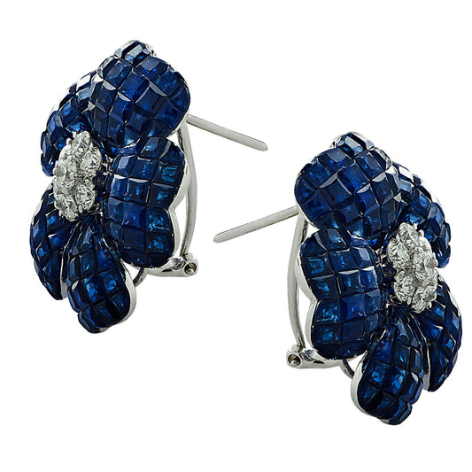 Post-1980s 18KT White Gold Blue Sapphire & Diamond Flower Earrings side view