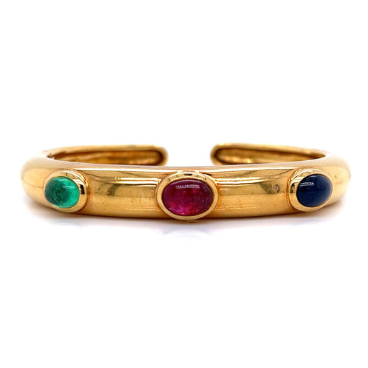 David Webb Post-1980s 18KT Yellow Gold Ruby, Emerald & Blue Sapphire Bangle Bracelet front view