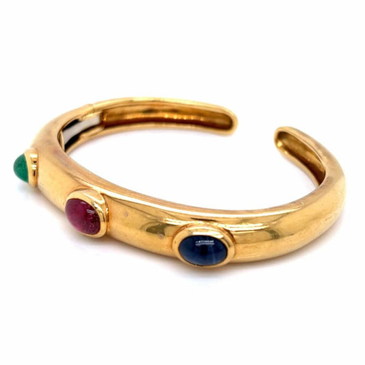 David Webb Post-1980s 18KT Yellow Gold Ruby, Emerald & Blue Sapphire Bangle Bracelet front side view