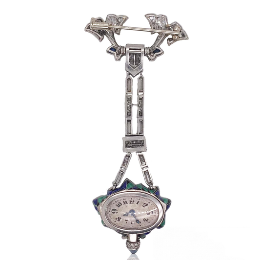 Mauboussin Art Deco Platinum Diamond & Enamel Lapel Watch Brooch front view