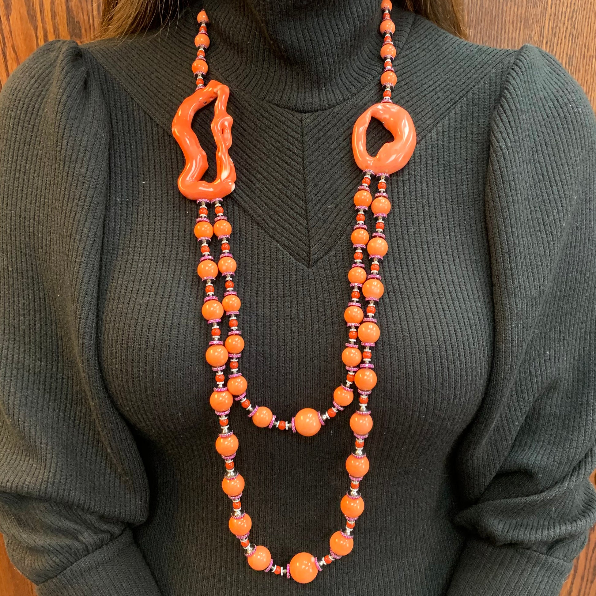 Wallace Chan Post-1980s Titanium Coral, Diamond & Ruby Necklace worn on neck