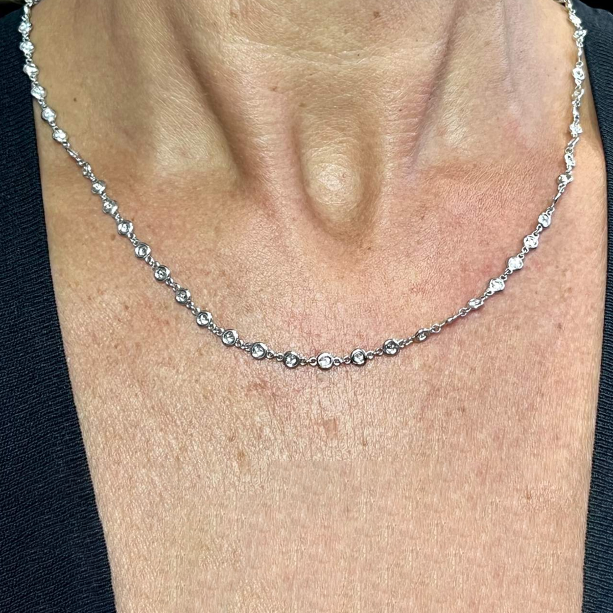 Post-1980s Platinum Diamond Necklace worn on neck