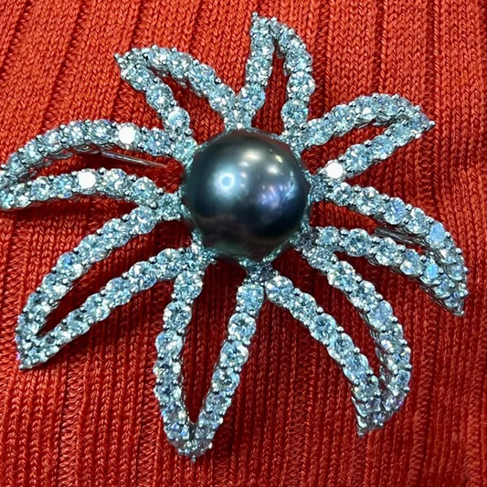 Post-1980s Platinum Diamond & Pearl Brooch worn on blouse