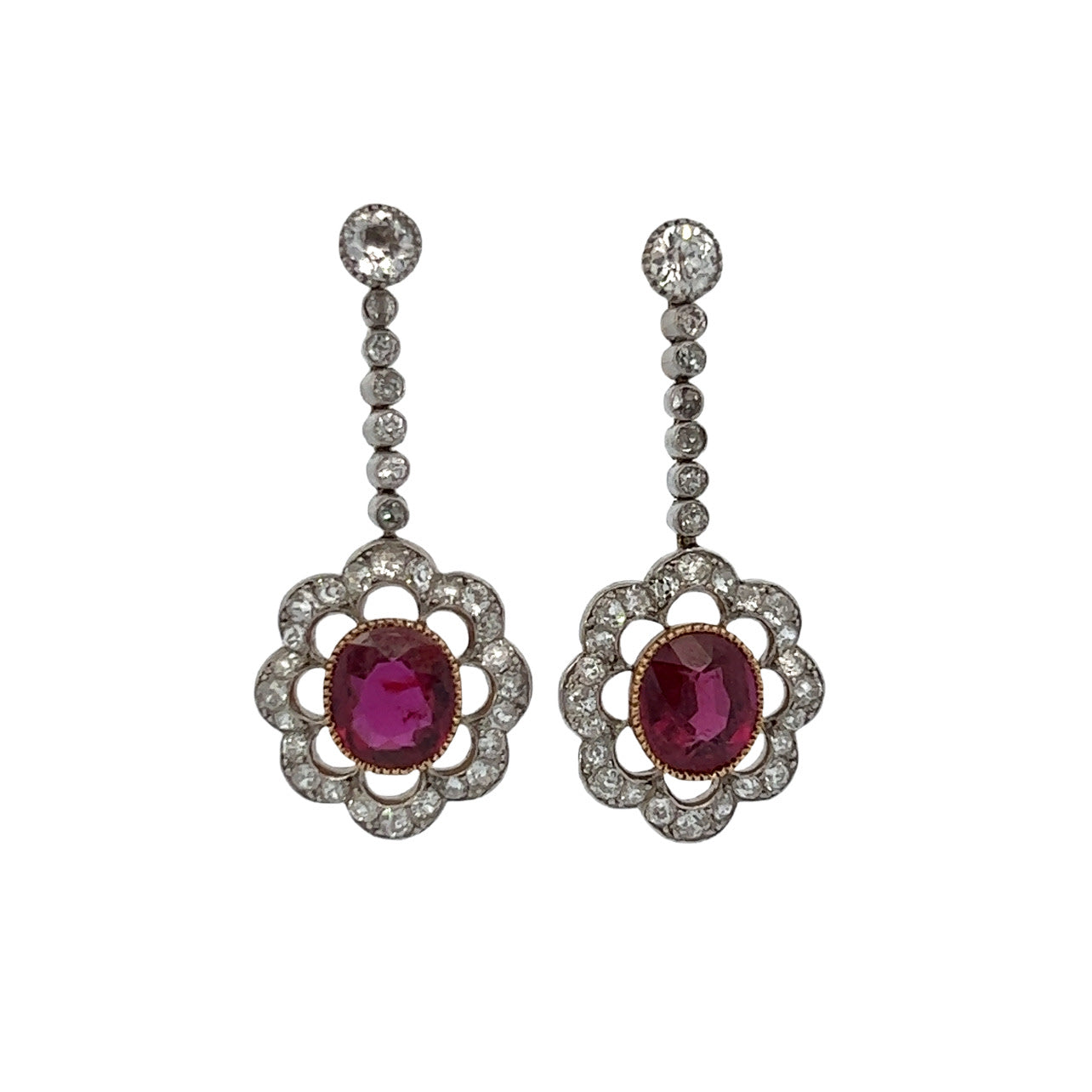 Edwardian Platinum & 18KT Yellow Gold Ruby & Diamond Earrings front