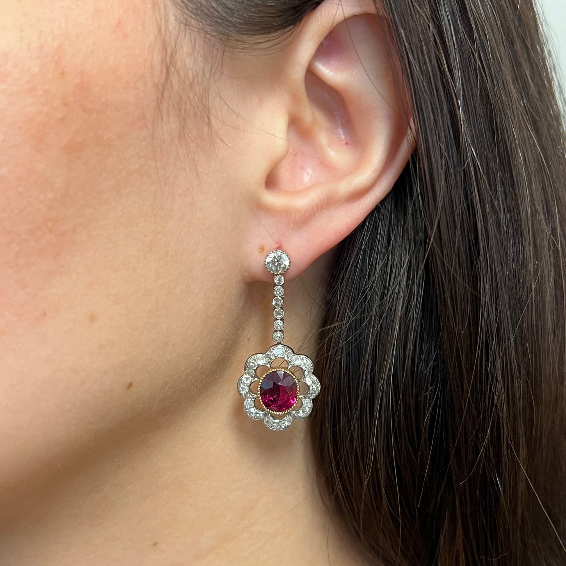 Edwardian Platinum & 18KT Yellow Gold Ruby & Diamond Earrings worn on ear