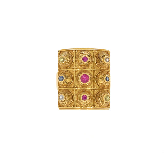 Elisabeth Treskow German 1940s 18KT Yellow Gold Ruby & Sapphire Granulation Ring front view