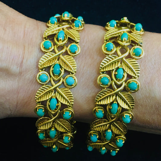 French 1950s 18KT Yellow Gold Turquoise Bracelets on wrist