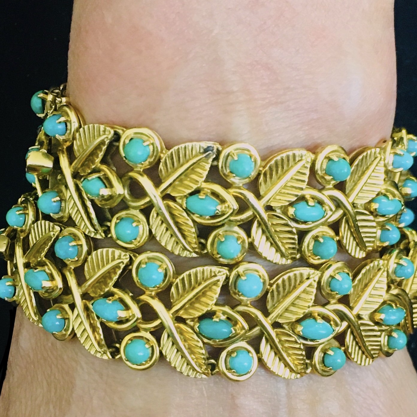 French 1950s 18KT Yellow Gold Turquoise Bracelets on wrist