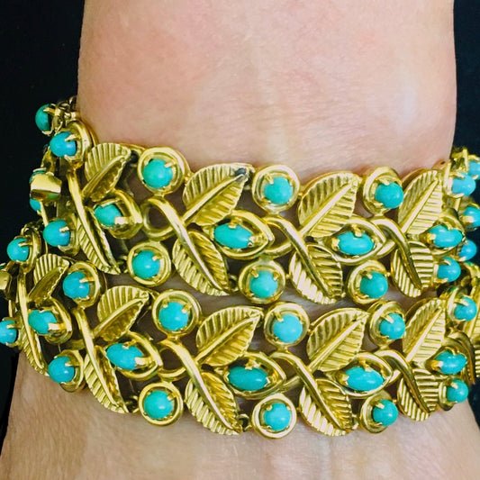 French 1950s 18KT Yellow Gold Turquoise Bracelets on wrist