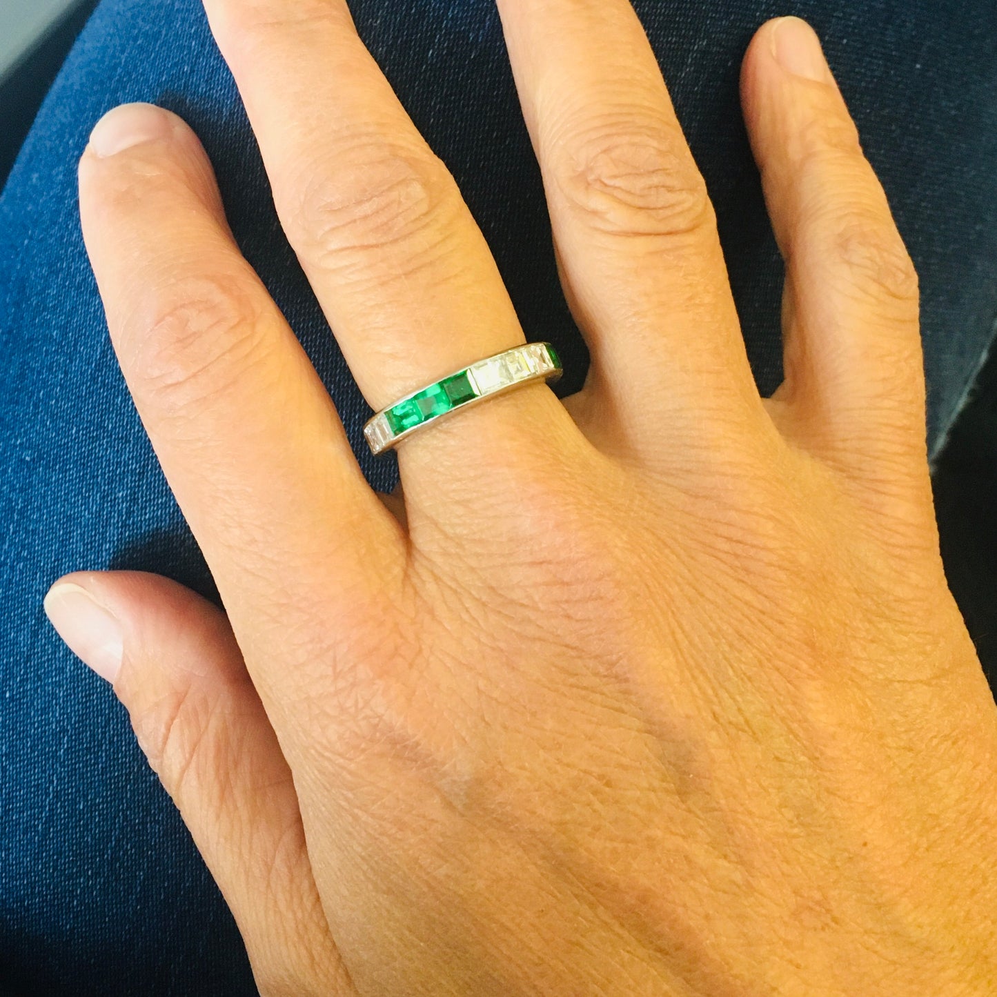 Oscar Heyman Bros 1960s Platinum Diamond & Emerald Ring on finger