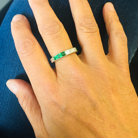 Oscar Heyman Bros 1960s Platinum Diamond & Emerald Ring on finger