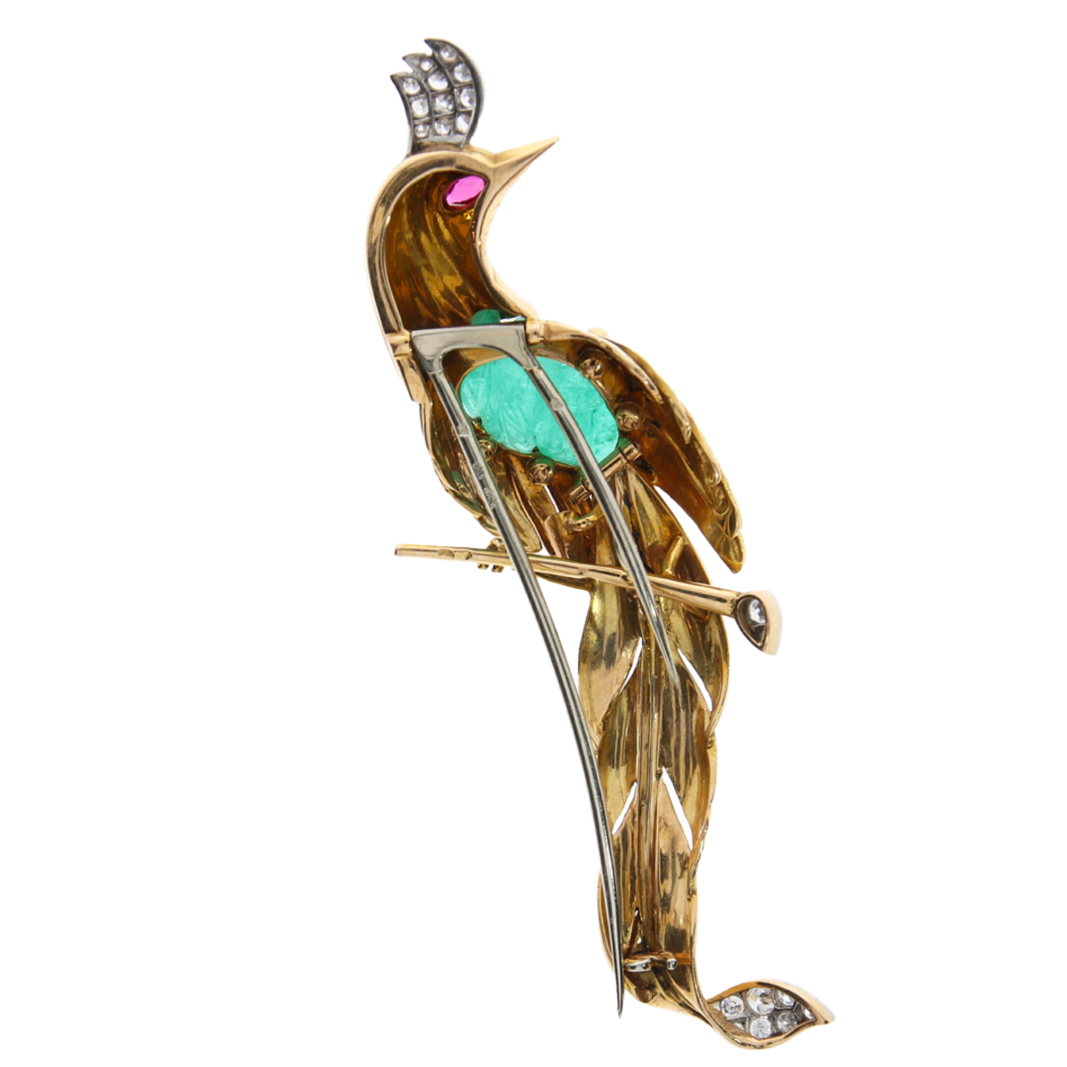 French 1930s 18KT Yellow Gold Emerald, Diamond & Ruby Bird Brooch back