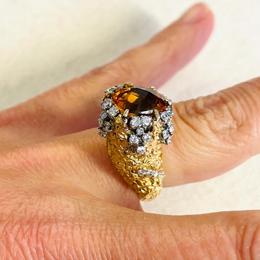 1960s 14KT Yellow Gold Citrine & Diamond Ring profile view on finger