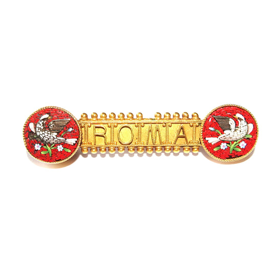 Italian Victorian 18KT Yellow Gold Glass Micromosaic "ROMA" Brooch front