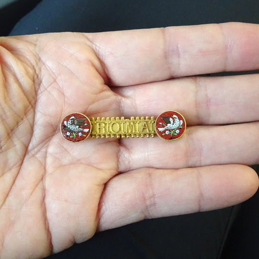 Italian Victorian 18KT Yellow Gold Glass Micromosaic "ROMA" Brooch in hand