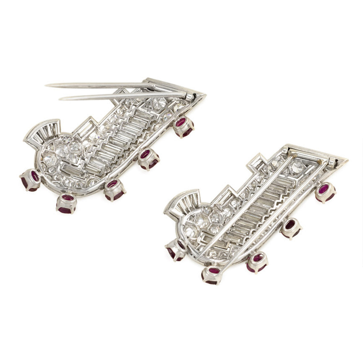 Art Deco Platinum Ruby & Diamond Brooch Clips back