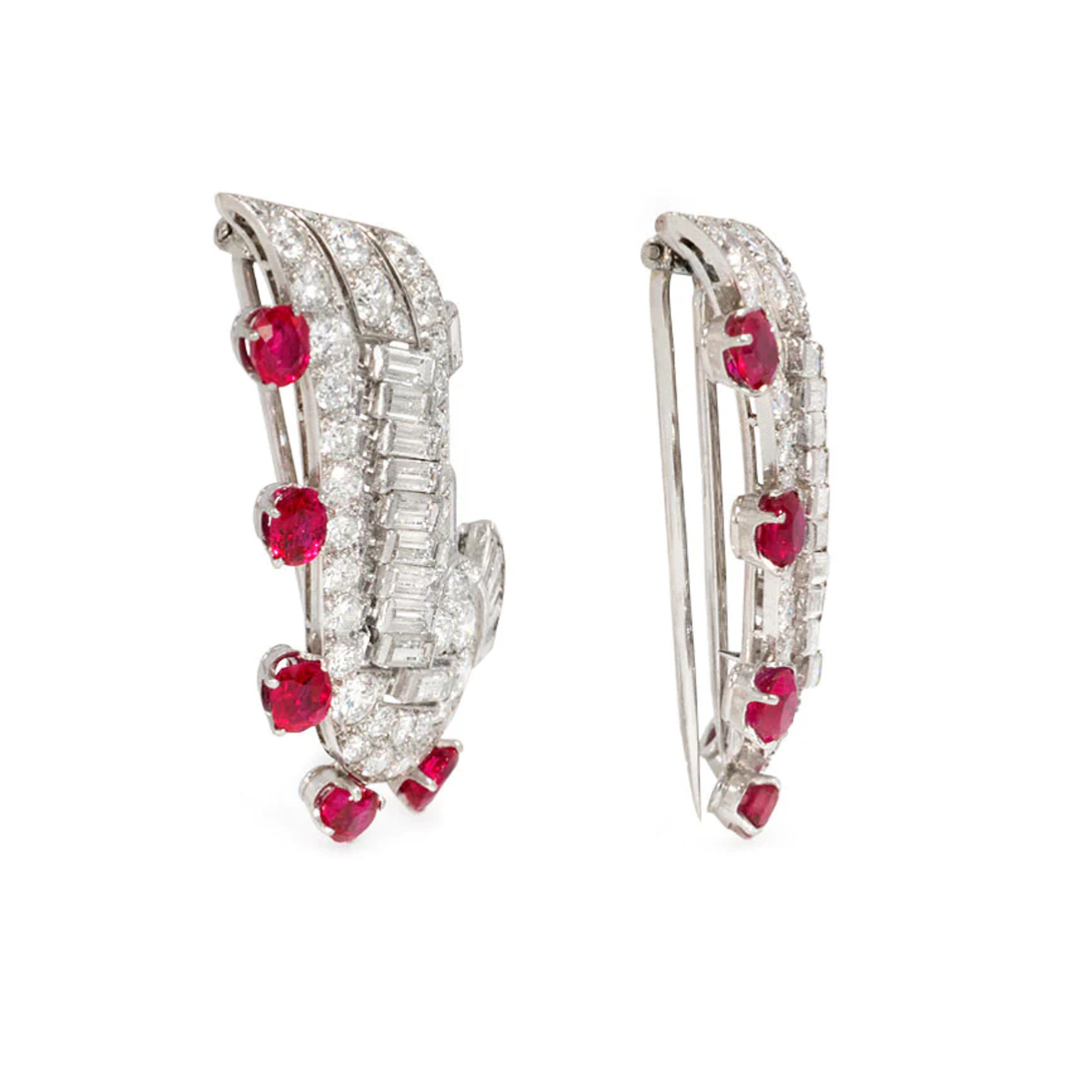 Art Deco Platinum Ruby & Diamond Brooch Clips profile