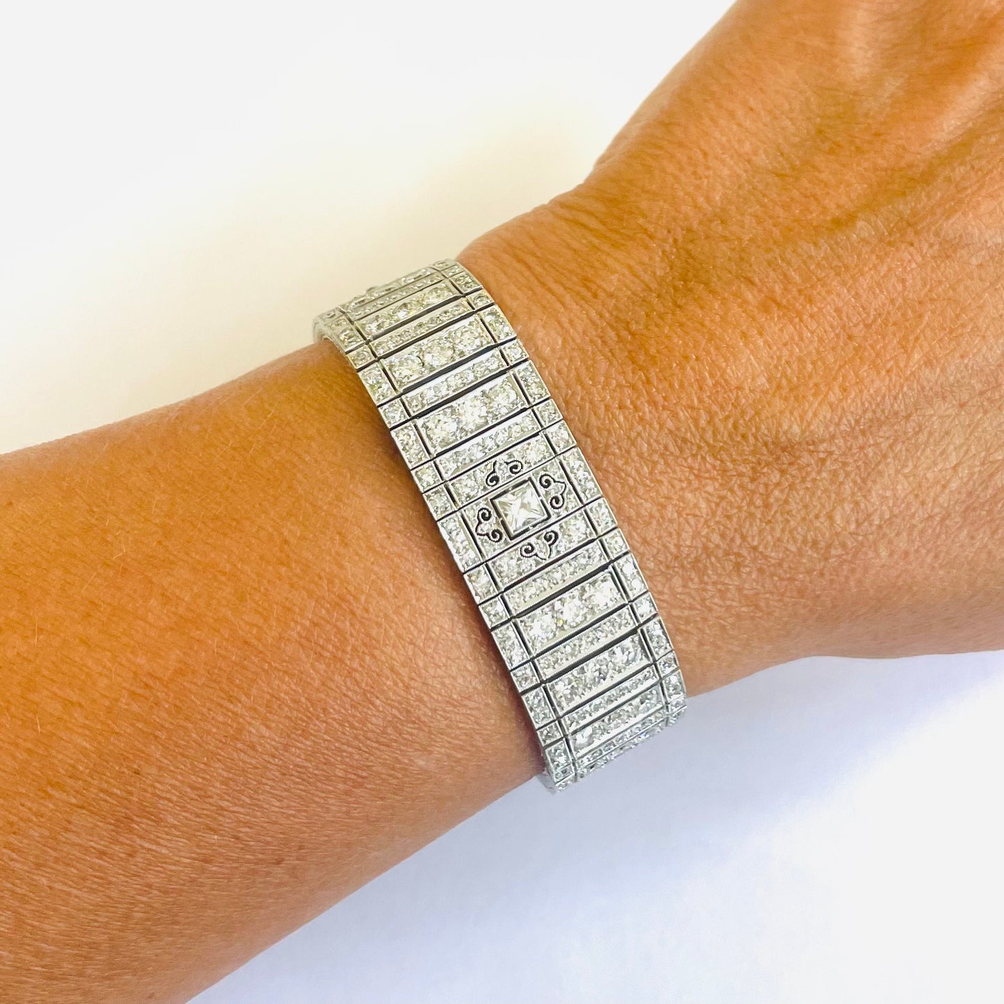 Art Deco Platinum Diamond Bracelet on wrist
