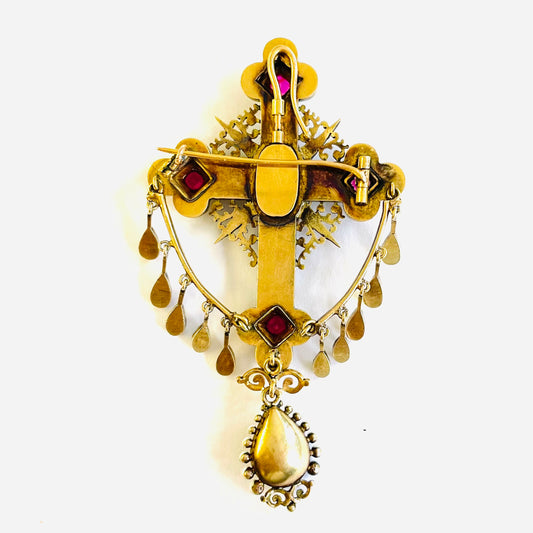 French Victorian 18KT Yellow Gold Diamond, Enamel & Ruby Cross Pendant Brooch back