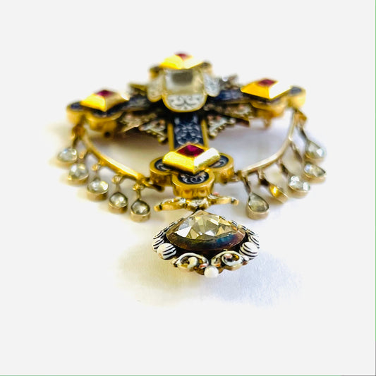 French Victorian 18KT Yellow Gold Diamond, Enamel & Ruby Cross Pendant Brooch profile