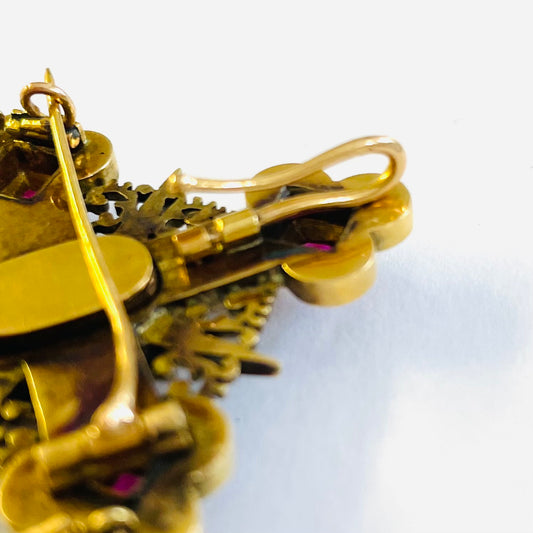 French Victorian 18KT Yellow Gold Diamond, Enamel & Ruby Cross Pendant Brooch close-up details