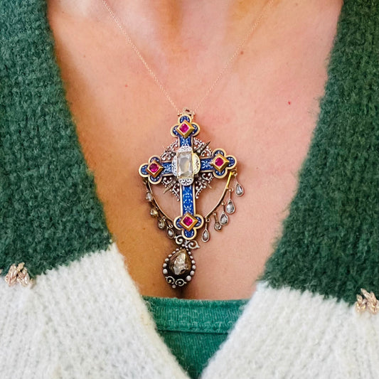 French Victorian 18KT Yellow Gold Diamond, Enamel & Ruby Cross Pendant Brooch worn as pendant