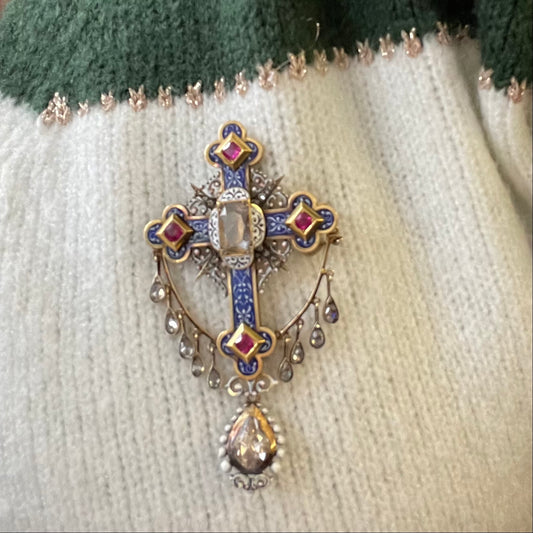 French Victorian 18KT Yellow Gold Diamond, Enamel & Ruby Cross Pendant Brooch worn as brooch