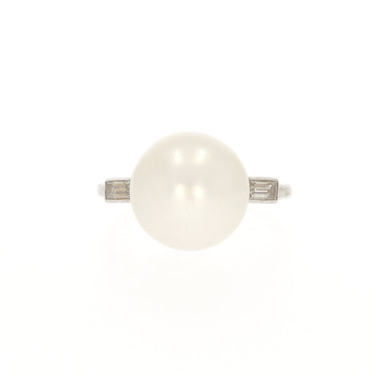 French Post-1980s Platinum Natural Pearl & Diamond Ring front