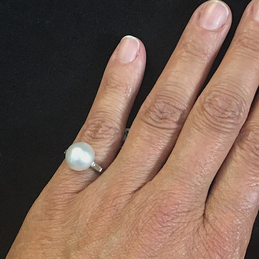 French Post-1980s Platinum Natural Pearl & Diamond Ring worn on finger