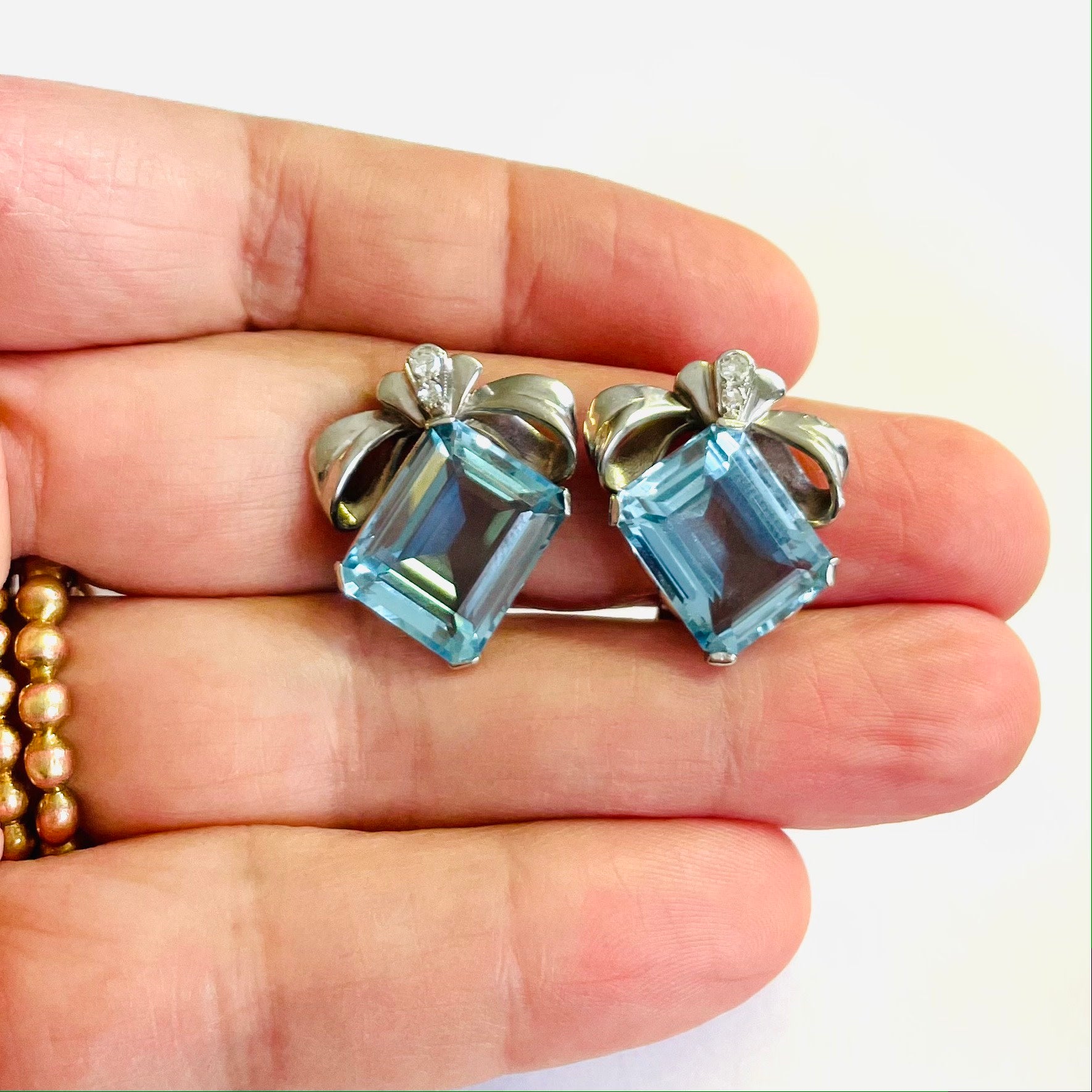 Vintage 1950s 18KT White Gold Aquamarine Diamond Earrings