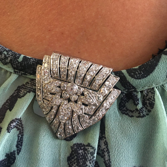 1930s Platinum Diamond Dress Clip worn on blouse