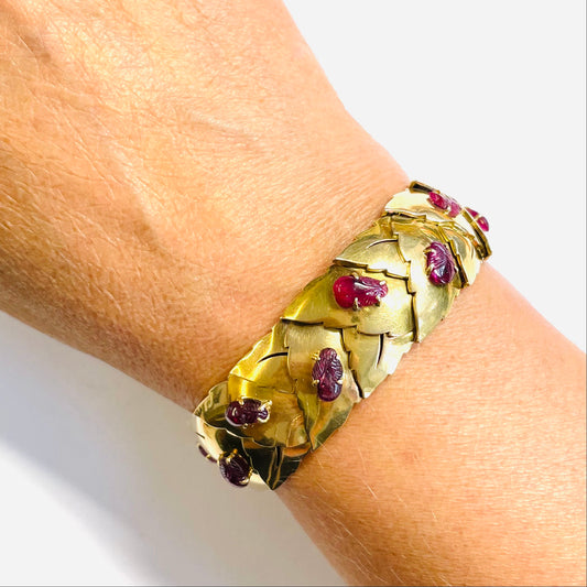 French 1940s 18KT Yellow Gold Ruby Bracelet on wrist