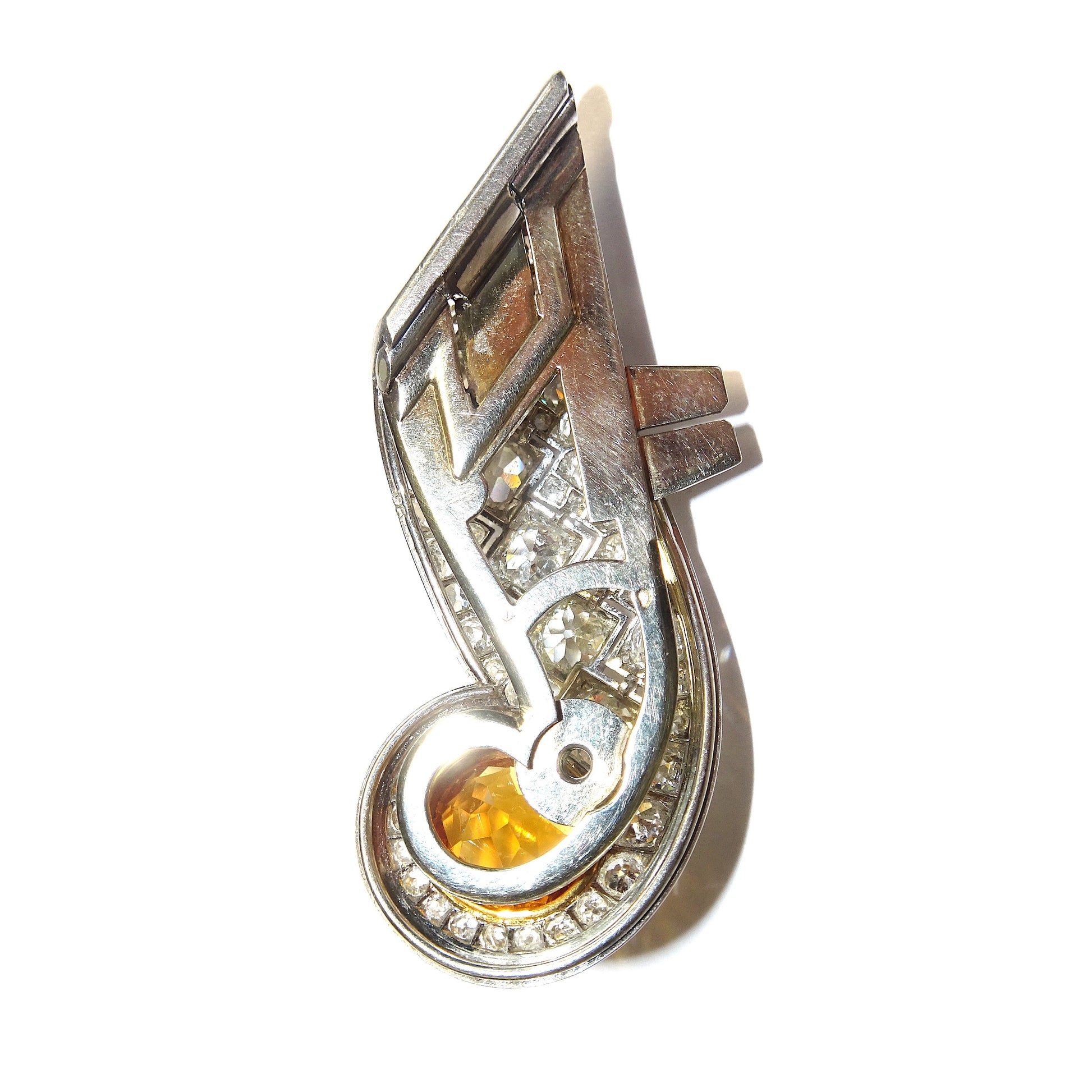 Rene Boivin French 1930s Platinum & 18KT Yellow Gold Citrine & Diamond Dress Clip back