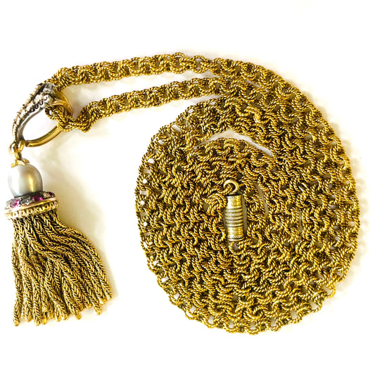French Antique 18KT Yellow Gold Natural Pearl, Diamond & Ruby Tassel Pendant Necklace side