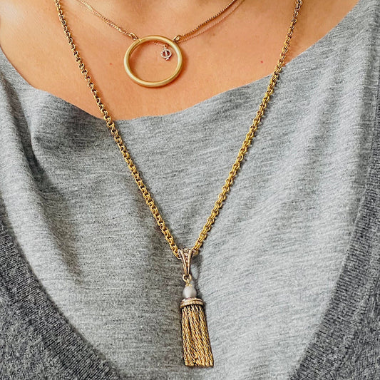 French Antique 18KT Yellow Gold Natural Pearl, Diamond & Ruby Tassel Pendant Necklace on neck