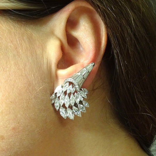 1930s Platinum Diamond Brooch worn as ear clips