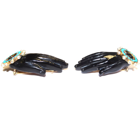 Rene Boivin French 1930s 18KT Yellow Gold Black Coral, Natural Pearl & Turquoise Hand Brooches side