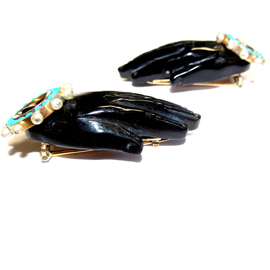 Rene Boivin French 1930s 18KT Yellow Gold Black Coral, Natural Pearl & Turquoise Hand Brooches side